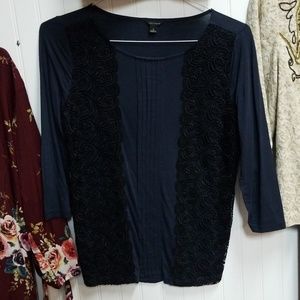 Ann Taylor small Lace Pintuck 3/4 slv knit top